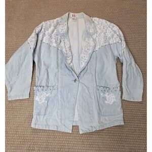 READ Vintage 80s Denim Jacket Blazer Sz L R&K Originals Light Wash, Lace Studded